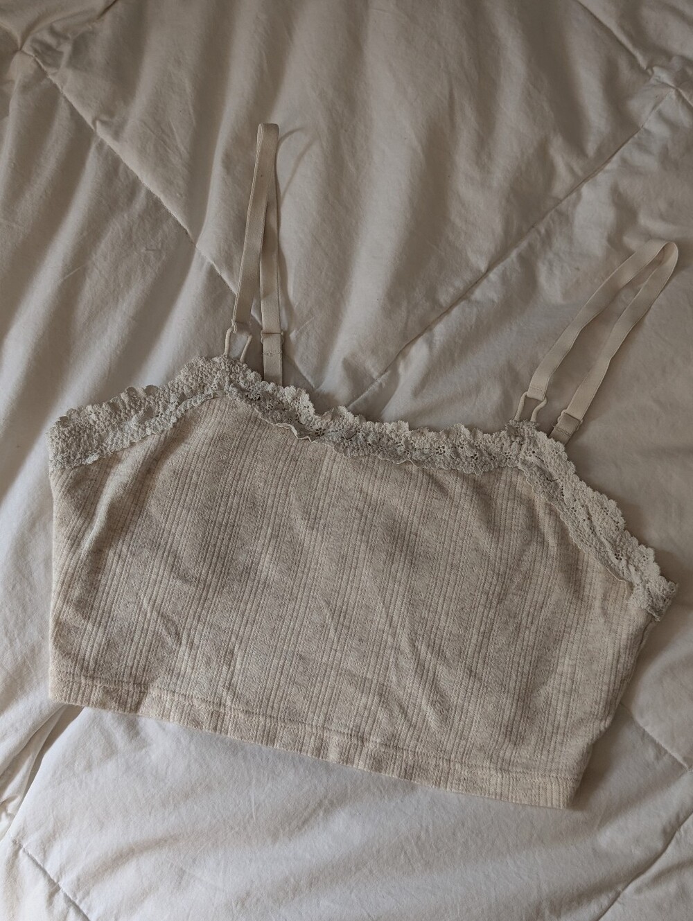 AERIE Coquette Lace Trim Ribbed Crop Tank Lounge Bra Top Cream Small